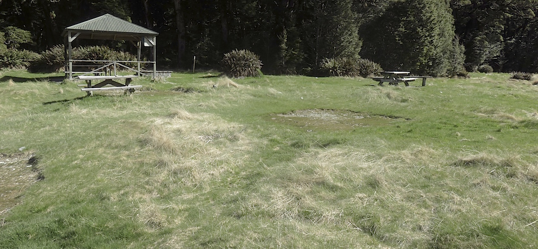 The kitchen structure and a few campsites.  | Routeburn Flats camping area, Routeburn Track