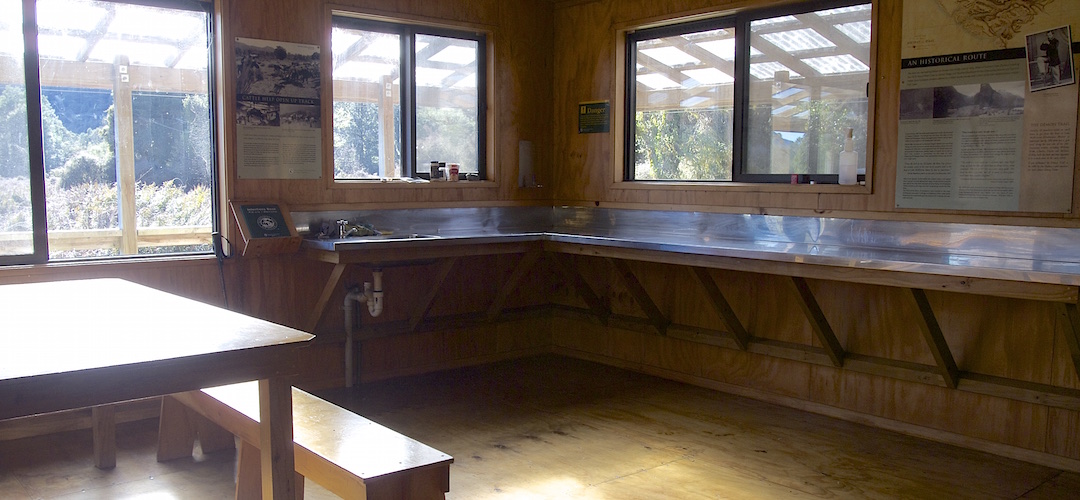 Standard kitchen bench these days.  | Hidden Falls Hut, Hollyford Track