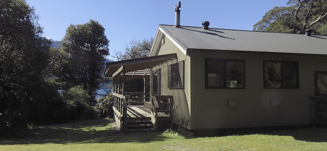 The lake gets surprisingly close to the hut in flood.  | Lake Alabaster Hut, Hollyford Track