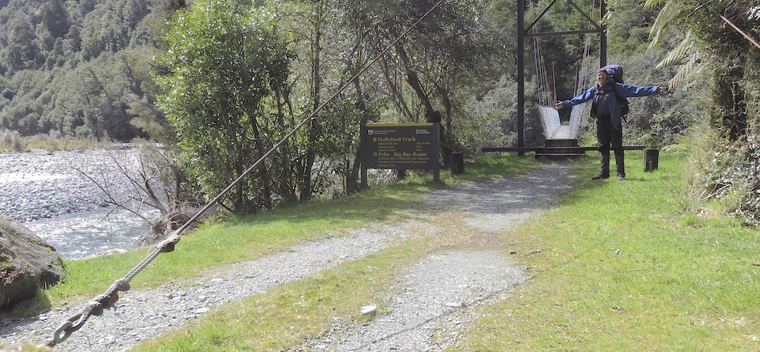 Just setting out on the Hollyford with the bulging pack with 14 day's food. | Hollyford Track, Fiordland National Park