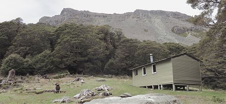That cliff up behind the hut is indeed Mt Richmond. | Richmond Saddle Hut, Mt Richmond Forest Park