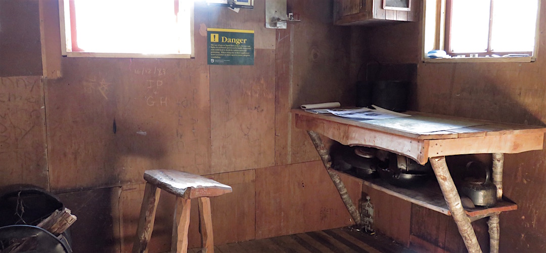 You can't quite pick up the slope on the floor here, but it is considerable.  |  Chaffey Hut, Kahurangi National Park