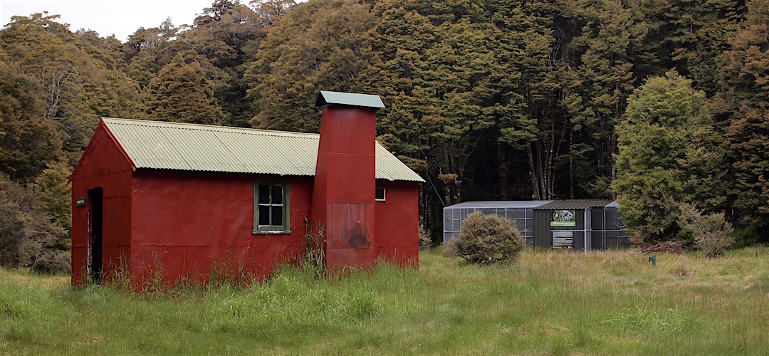 The Wainui Hut has a nearby aviary to acclimatise bird releases. | Wainui Hut, Abel Tasman National Park
