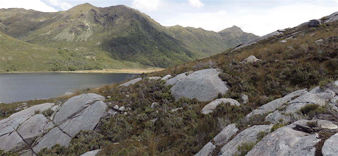 That's the hut at the head of the lake.  | Boulder Lake, Kahurangi National Park