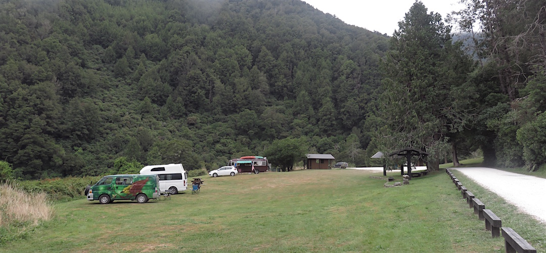 See if you can get close to one of those picnic tables. | Lyell campsite
