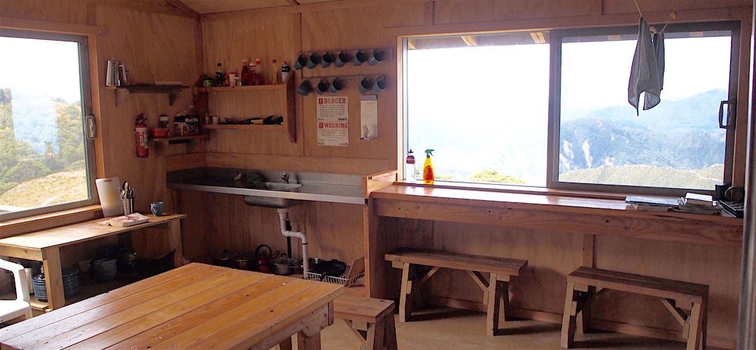 Bench space, tick, not so good for cooking stoves. | Ghost Lake Hut, Lyell Range/Radiant Range Conservation Area