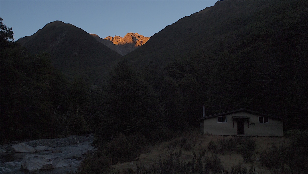 Sunrise at George Lyon Hut, D'Urville River valley, Nelson Lakes National Park
