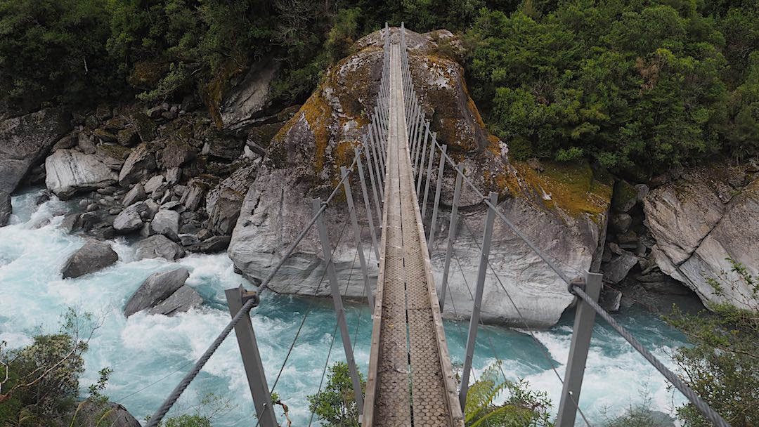 Swingbridge over the Hokitika River below Bluff Hut. |  Frew/Toaroha Saddles, Westland