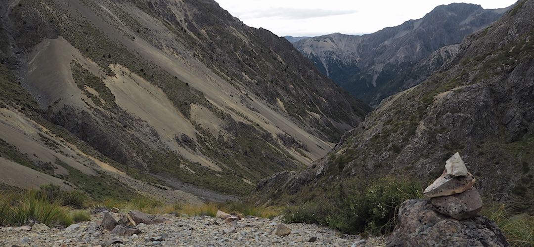 Dropping down the Gordon River from Saxton Saddle, 1490 m. Sidling scree, and speargrass. | Kaikoura to Boyle Village