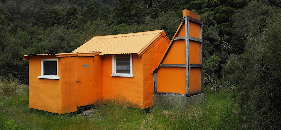 The old 1958 hut stands out . | Cedar Flats Historic Hut, Toaroha River, West Coast