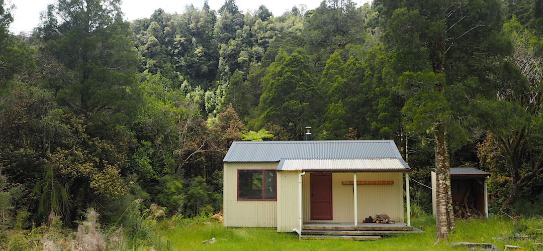 Frew is up on a river terrace with some young kahikateas around. | Frew Hut, Whitcomb River, West Coast