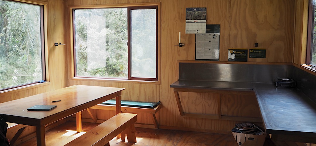 Plenty of bench and table space. I'm on my own. | Frew Hut, Whitcomb River, West Coast