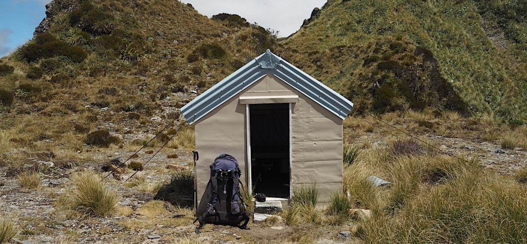 The door is only 2/3rds height. Can't stand up inside. | Toaroha Saddle Bivvy, Toaroha River, West Coast