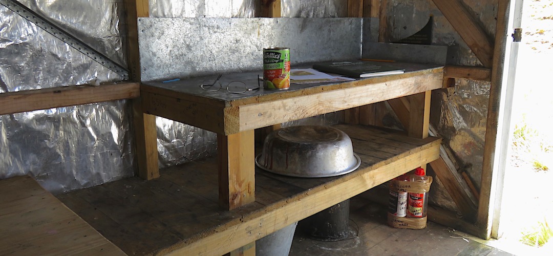 Kitchen bench. | Toaroha Saddle Bivvy, Toaroha River, West Coast