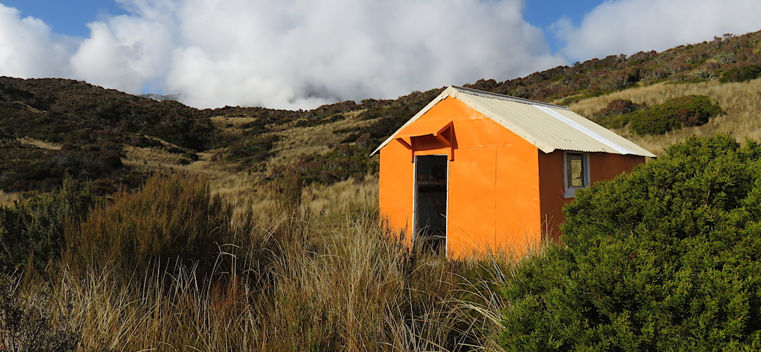 Newly painted in Rescue Orange. | Yeats Ridge Hut, Toaroha River, West Coast