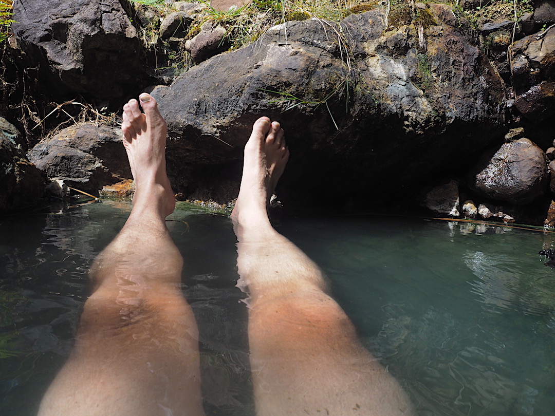 The hot pools up Mackenzie Stream are just the thing for tired leg muscles.