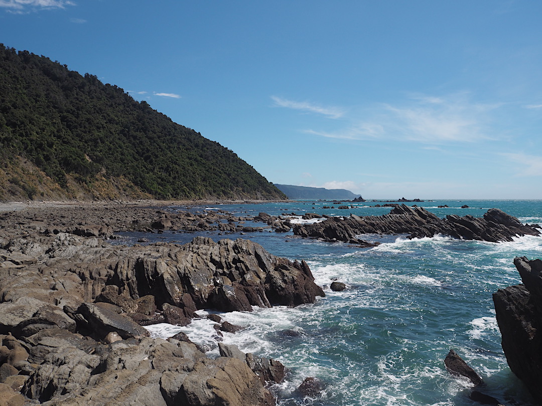 Looking south down the coast from Stafford Bay with the Cascade Plateau cliffs in the distance.