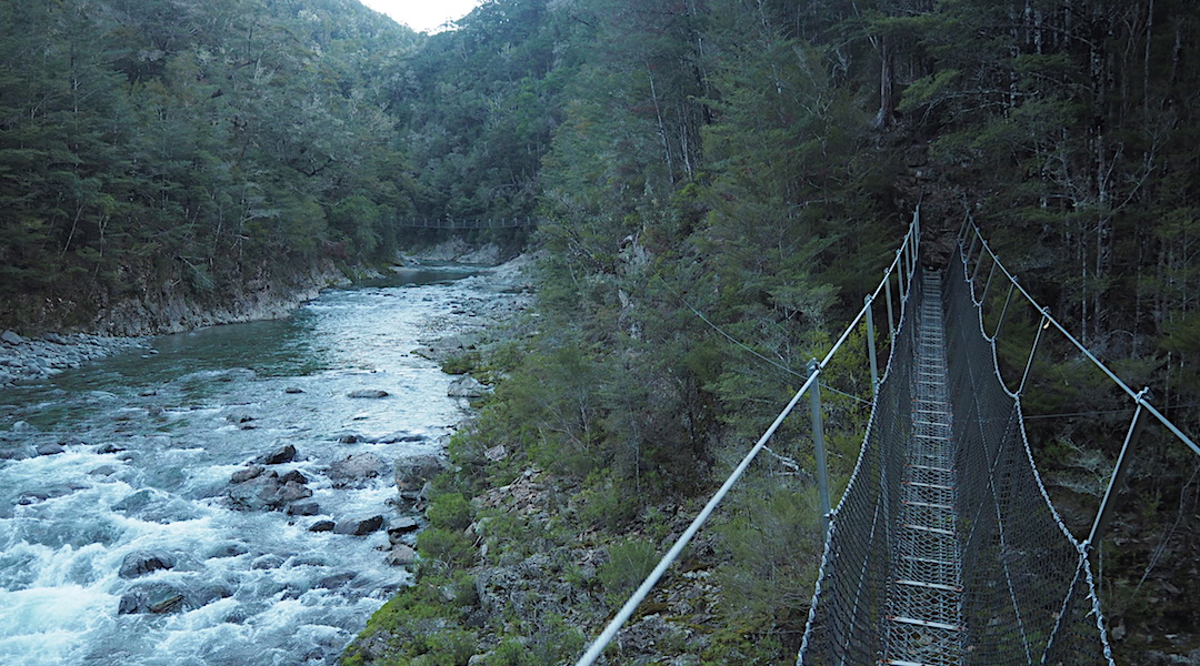 Two swingbridges over the Pelorus River branches at Roebuck Hut. | Mt Richmond Forest Park  Circuit, April 2018