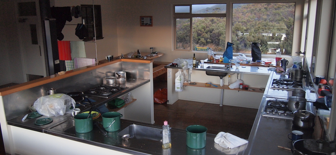 cooking area in Perry Saddle Hut, Heaphy Track, Kahurangi National Park