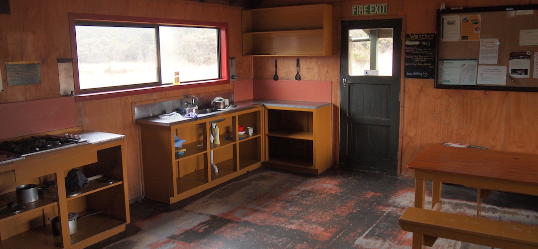 cooking area in Saxon Hut, Heaphy Track, Kahurangi National Park