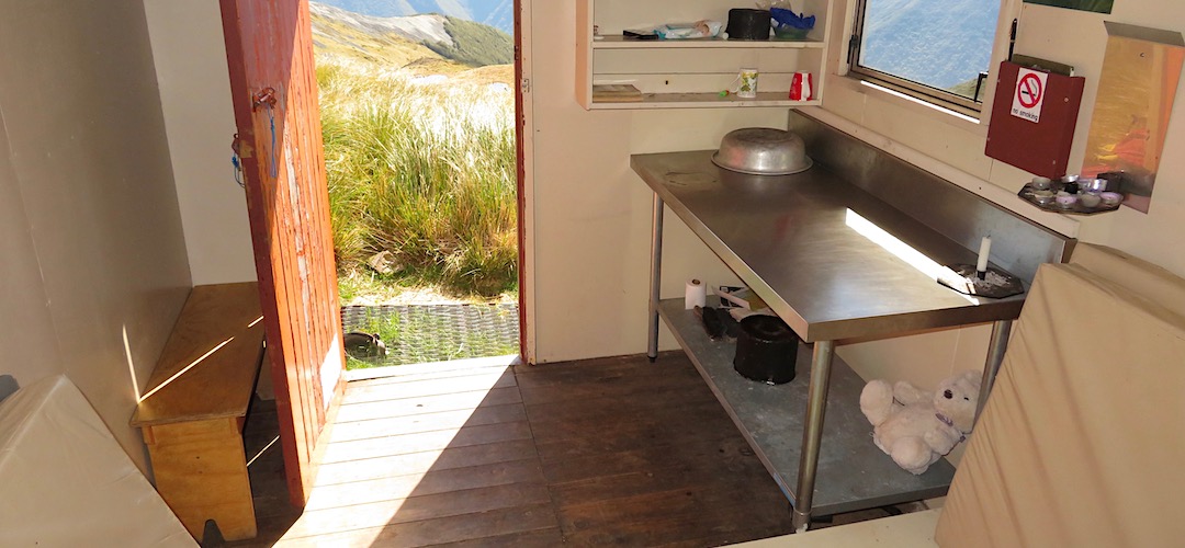 New stainless steel bench. And decent view out the door.| Mt Misery Hut, Nelson Lakes National Park