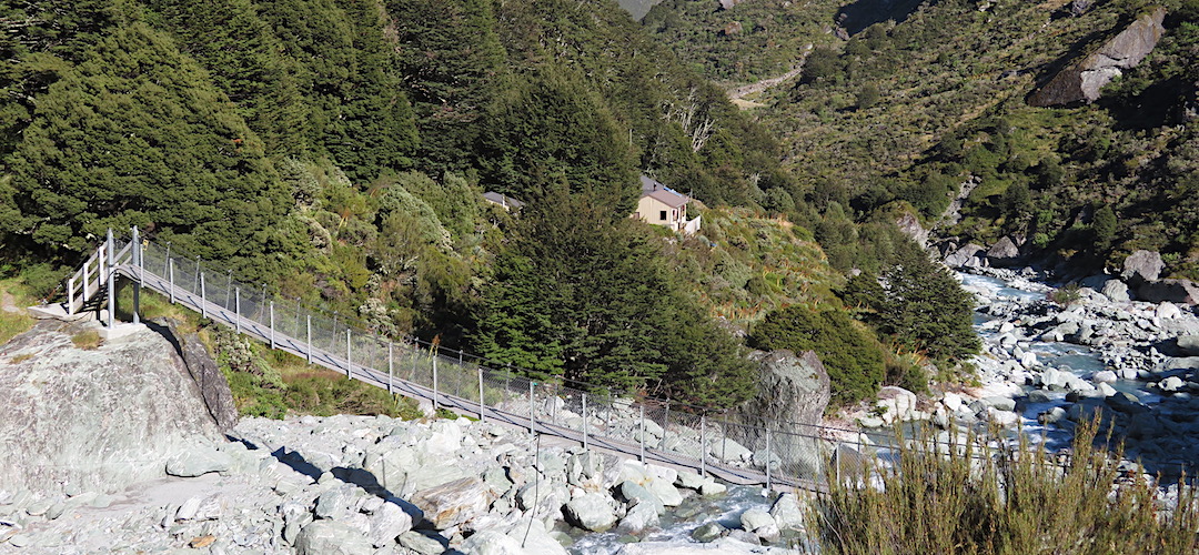 The hut is over a swingbridge. | Dart Hut, Rees-Dart Track, Mt Aspiring National Park