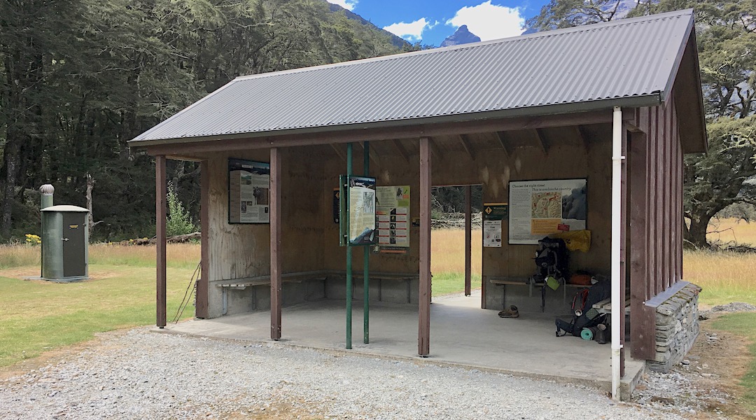 Chinamans Bluff carpark roadend shelter, Rees-Dart Track, Mt Aspiring National Park