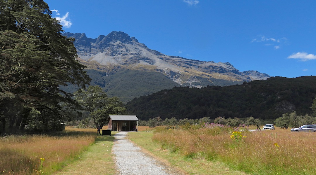 Setting for Chinamans Bluff carpark roadend shelter, Rees-Dart Track, Mt Aspiring National Park