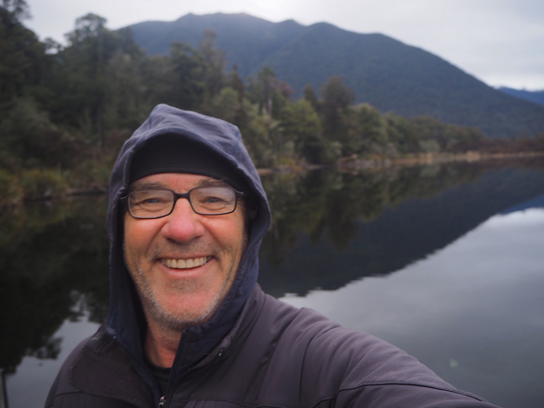 GJ on Sabine Hut jetty, Lake Rotoroa, morning Day 5 | Lake Angelus, July 2019