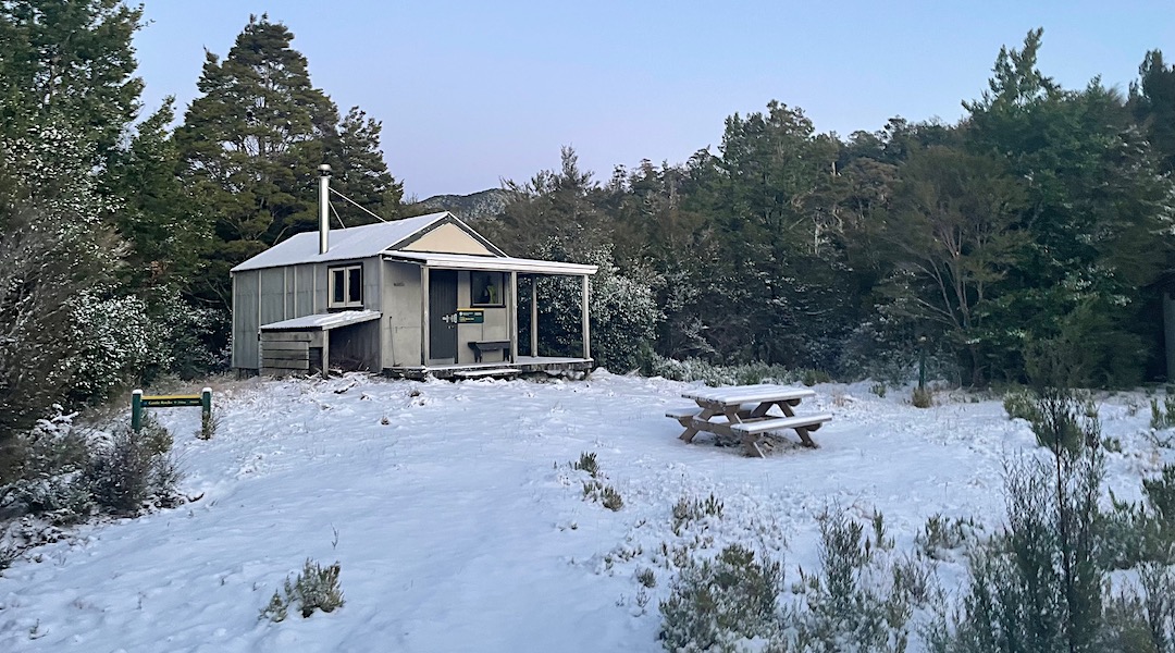 Snow at Castle Rock Hut. Inland Track, Abel Tasman National Park