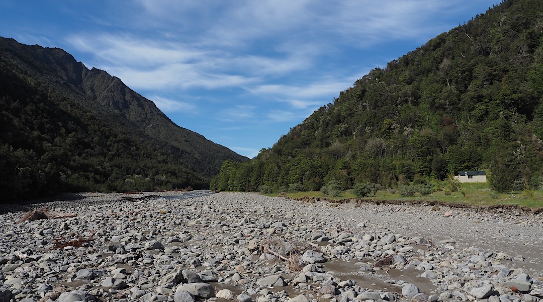 Much of the river flats has been washed away. | Barber Hut, South Marlborough