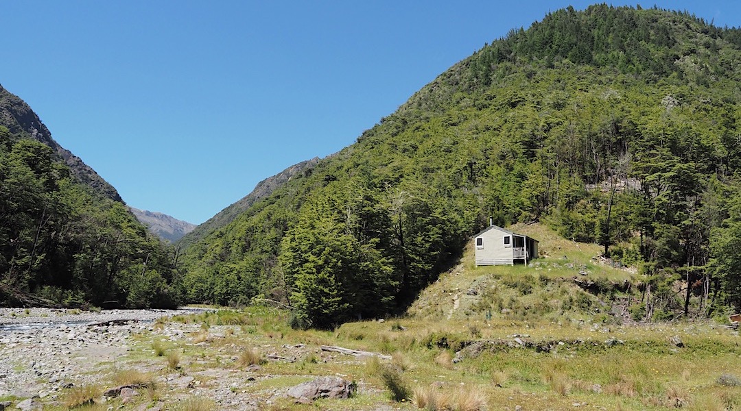 Bottom Misery Hut is right on the junction of the Branch River and Misery Stream.  |  Bottom Misery Hut, Branch River, Marlborough
