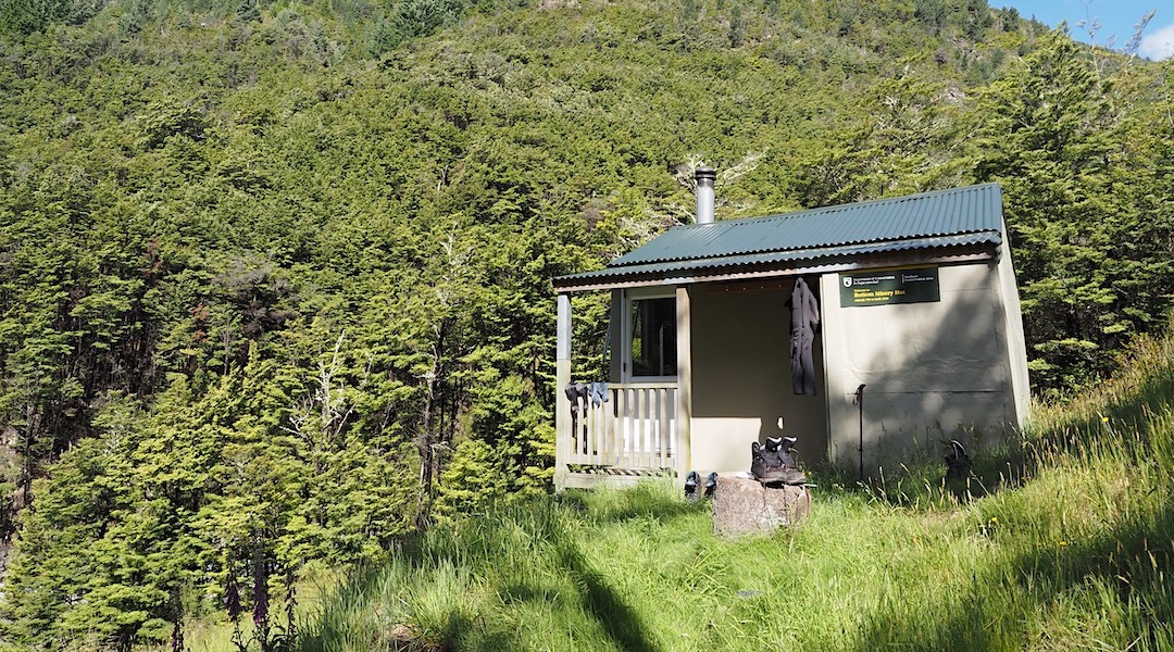 The hut was originally built in 1958.  |  Bottom Misery Hut, Branch River, Marlborough