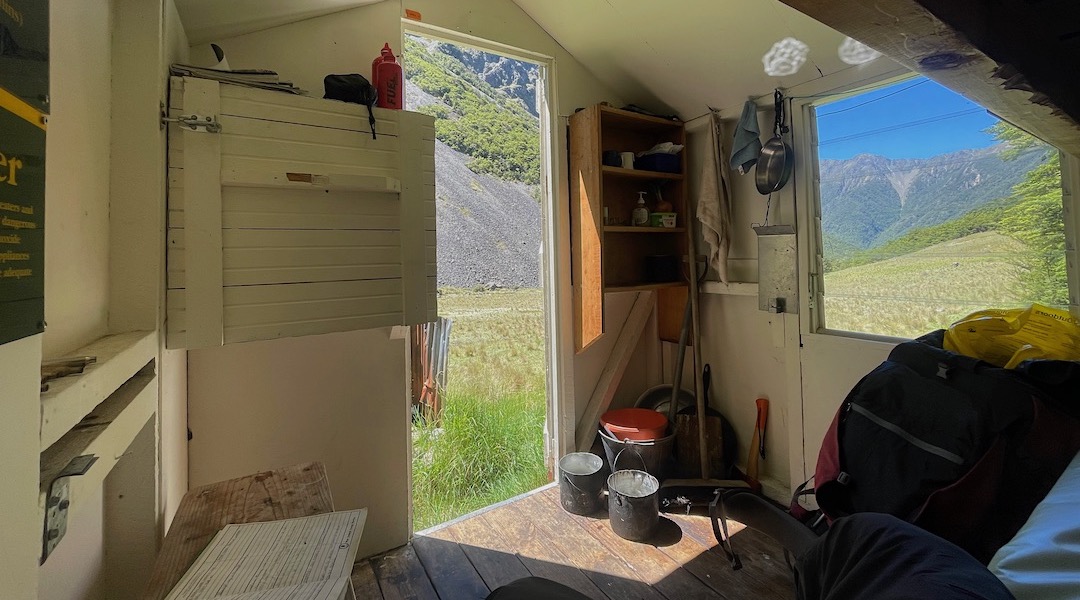 A good view if you leave the door open.  |  Branch Bivvy, Branch River, Marlborough