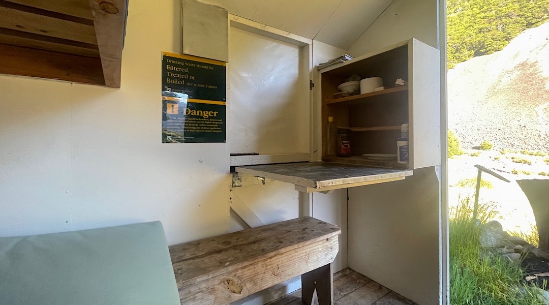 The kitchen bench folds down.  |  Branch Bivvy, Branch River, Marlborough