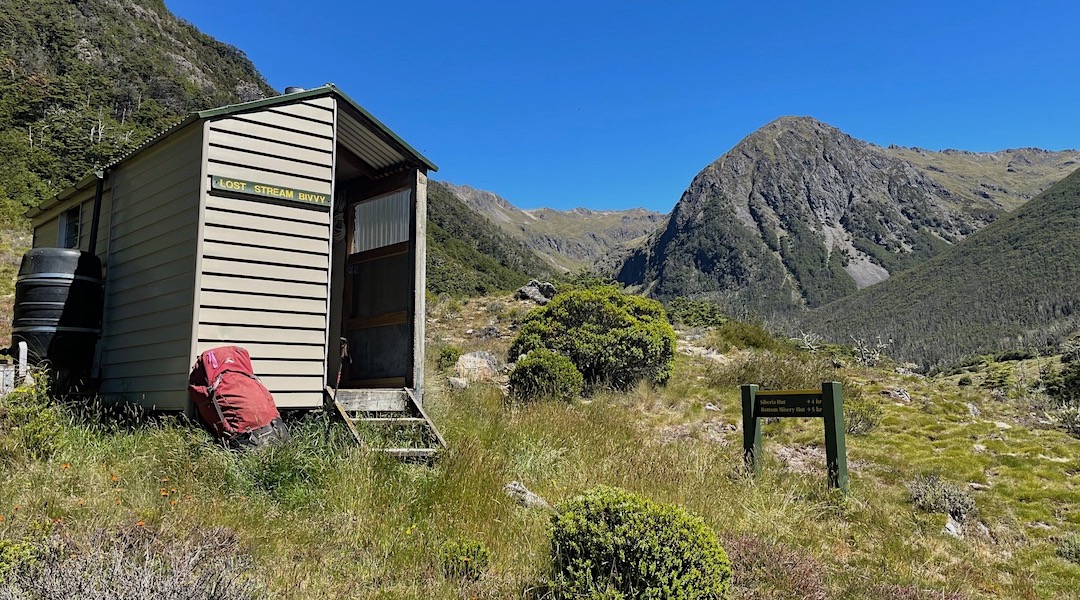 The bivvy is in a dramatic location.  |  Lost Stream Bivvy, Branch River, Marlborough