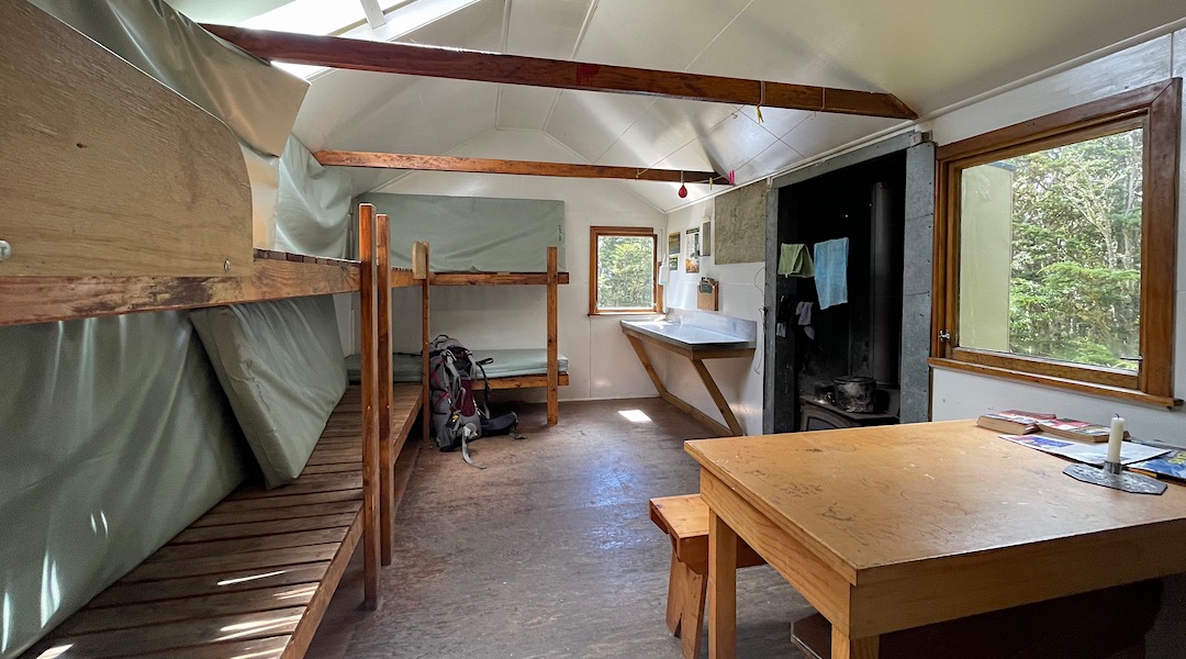Typical NZFS SF 70 hut layout inside with six bunks. | Black Hill Hut, Oxford Forest Conservation Area