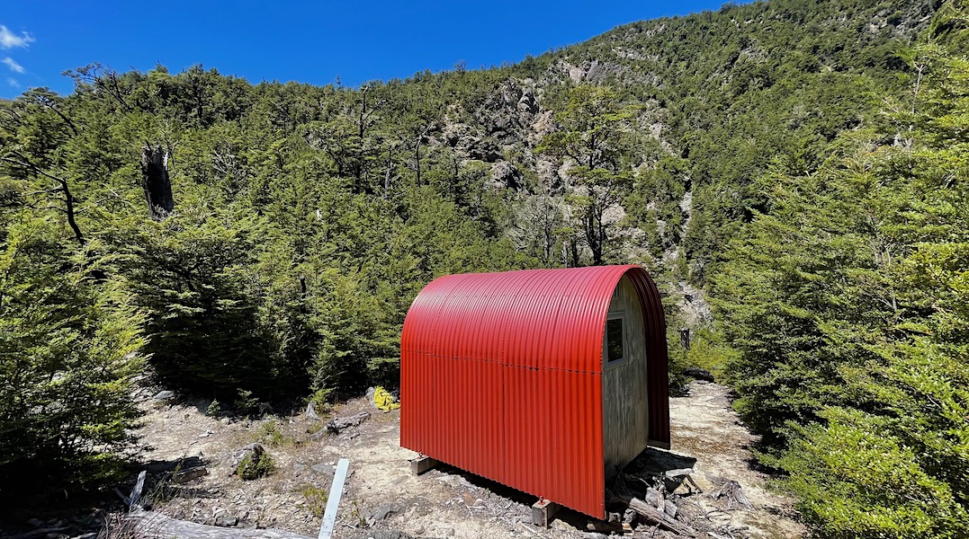 The curvy roof has been painted. | Lower Salmon Creek Bivvy, Oxford Forest Conservation Area