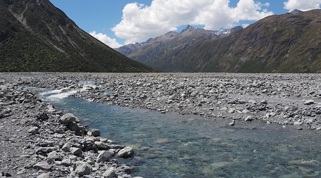 Looking up Wilberforce River towards Mt Murchison, 2408 m, at the back.  | Unknown Stream, Craigieburn Forest Park