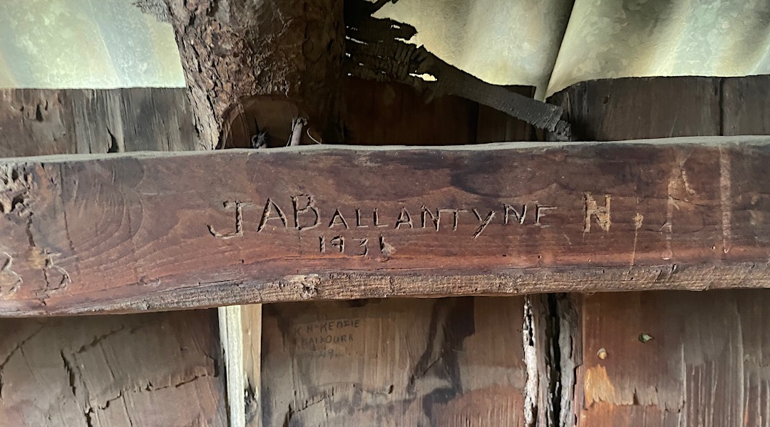 Early graffiti. | Old Willows Hut, Ka Whata Tu o Rakihouia/Clarence Conservation Park
