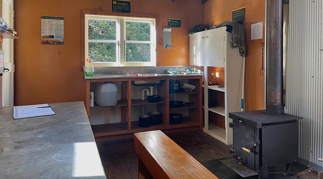 Kitchen area. | Flanagans Hut, Kahurangi National Park