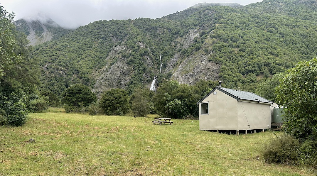 The hut is up on a river terrace, some distance from the river.