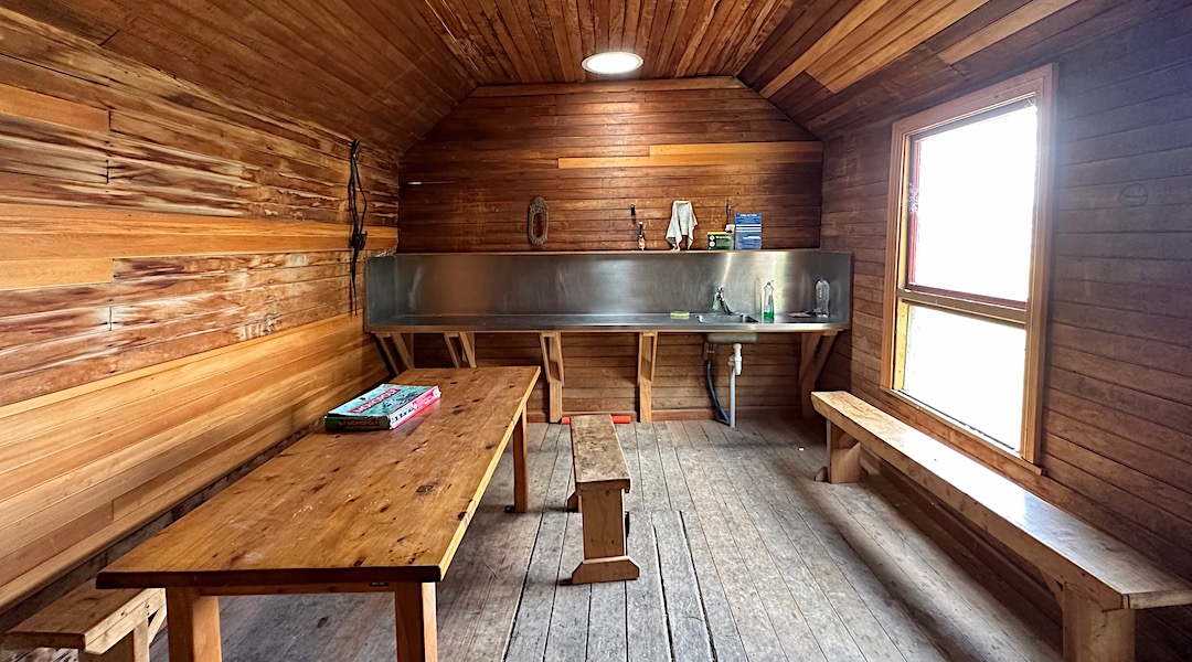 Kitchen bench and table. | Waldron Shelter, Oteake Conservation Park