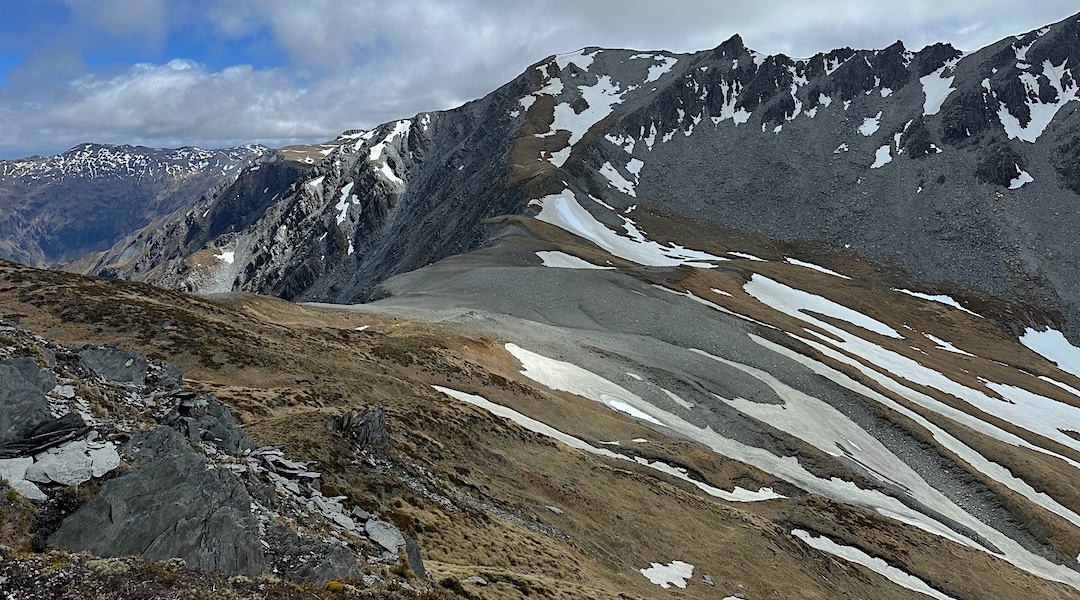 Looking up to the western Emily Peak, 2028 m.  | Burn Creek to Nardoo Creek, Nelson Lakes National Park