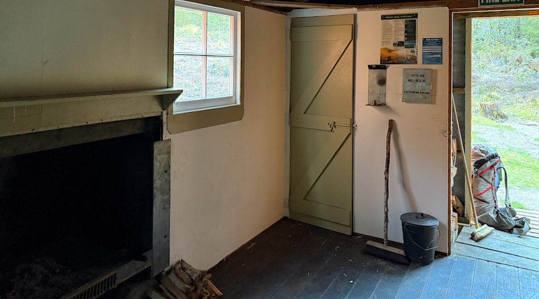 Wheel Creek Hut interior, open fire | Victoria Forest Park