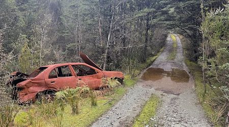 Burnt out car on the way to Green Hut. |  Near Slab Hut Creek, south of Reefton